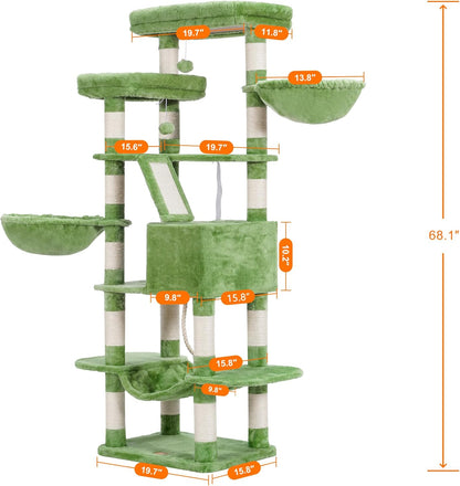 Heybly Cat Tree, 68 inch Multi-Level Cat Tower for Indoor Cats, 2 Widened Plush Perches Cat Condo with Scratching Board and Big Caves, Green HCT025GR