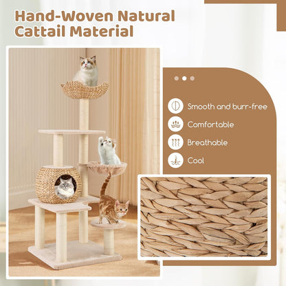 PETSITE 59 inch Cattail Cat Tree Tower, Multi-Level Cat Tower with Natural Sisal Scratching Posts, Condo, Basket, Top Perch and Jumping Platforms, Modern Tall Cat Tree for Indoor Cats