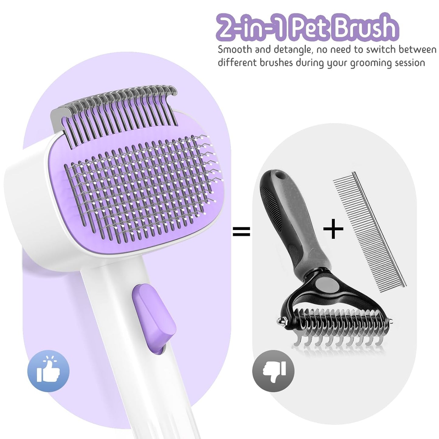 Self Cleaning Slicker Brush, 2-in-1 Cat Brush for Shedding, Skin Friendly Grooming Tool for Long & Medium-Long Hair Pets, Adjustable Bristle Length with Dematting Comb for Cats, Dogs (Purple)
