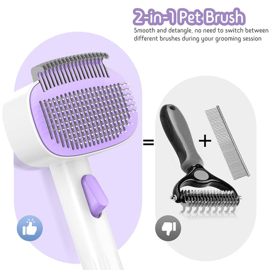 Self Cleaning Slicker Brush, 2-in-1 Cat Brush for Shedding, Skin Friendly Grooming Tool for Long & Medium-Long Hair Pets, Adjustable Bristle Length with Dematting Comb for Cats, Dogs (Purple)