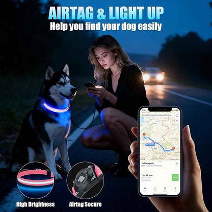 LED AirTag Dog Collar - Brightest Light Up Dog Collars - IP68 Waterproof Air Tag Dog Collar Holder - 1,600 Feet of High Visibility - Magnetic Charging - Dog Lights for Night Walking, Pink M