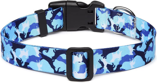Mercano Adjustable Dog Collar - Special Design Patterns, Soft Nylon Comfortable Durable Pet Collar for Small Medium Large Dogs (L, Dog Camouflage Blue)