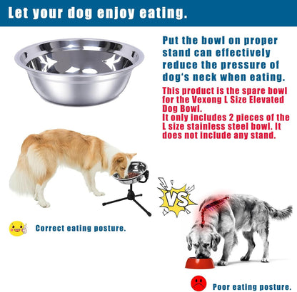 2 Pack, L Size Bowls, Matches Vexong L Size Elevated Dog Bowl Stand, for Dogs Between 60 and 100 lb, Stainless Steel Dog Bowl, Capacity 0.8 Gal / 12.5 Cup / 106 Oz / 3 Liter, Rustproof, Durable,