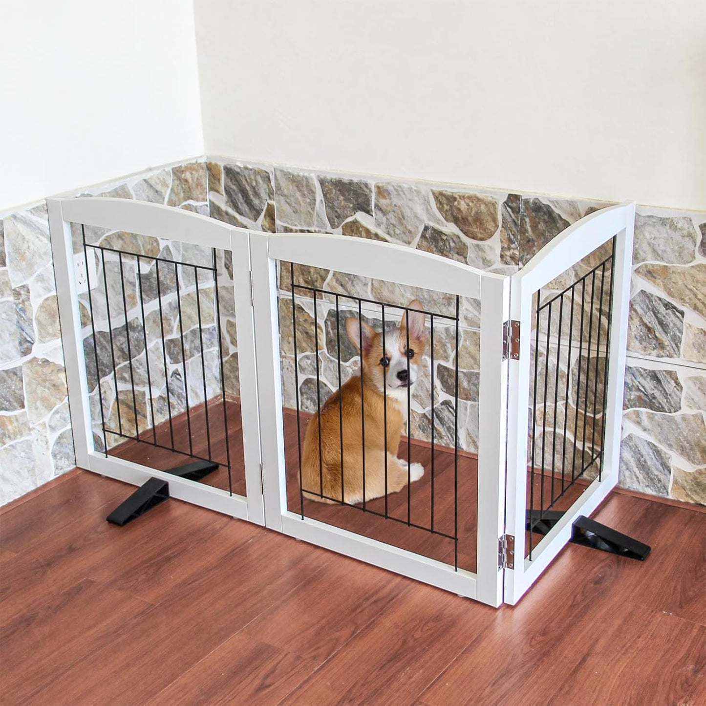 ZJSF Freestanding Dog Fence Indoor, Foldable Dog Gate for Doorways, Stairs or Hallways, Sturdy Wood Extra Wide Pet Gate with Support Feet for The House, White, 24 "Height-3 Panels