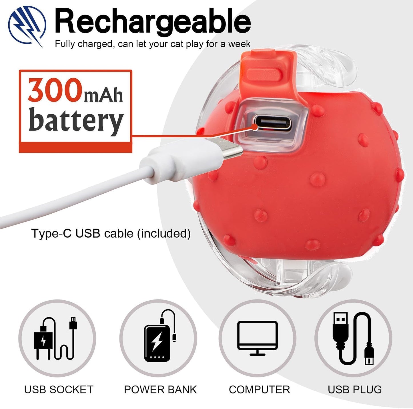 Interactive Cat Toys Ball for Indoor Cats, Automatic Agile Rolling Cat Ball with Elastic Mesh Tail, Bird Chirping & Motion Activated, 2 Tail Accessories, Kitten Toy for Bored (Red)