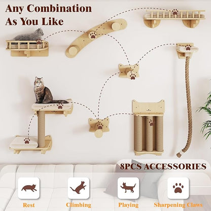 BYBYME 8 Pcs Cat Wall Climbing Set, Wood Cat Furniture with Scratching Posts, Kitten Perch, 100CM Sisal Rope & Cat Bed, Wall Mounted Cat Shelves for Sleeping, Playing & Relaxing（Natural Wood）