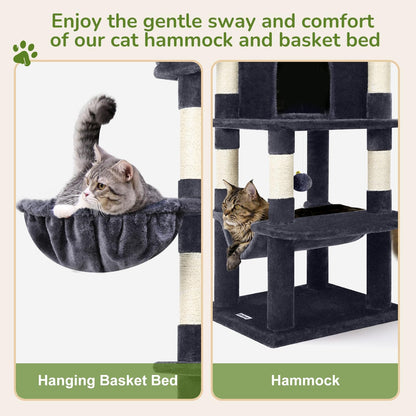 Globlazer Corner Cat Tree Tower for Indoor Cats, 51in Multi-Level Cat Condo Tower with Large Hammock, 7 Sisal Scratching Posts, Oversized Top Perch, Spacious Cat Cave, Hanging Basket, C51, Dark Grey