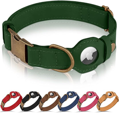 AirTag Dog Collar - Genuine Leather Dog Collar with Apple AirTag Holder and Metal Buckle - Smart GPS Tracking Pet Collars (Dark Green, XL, 20"-25" Neck Fit)
