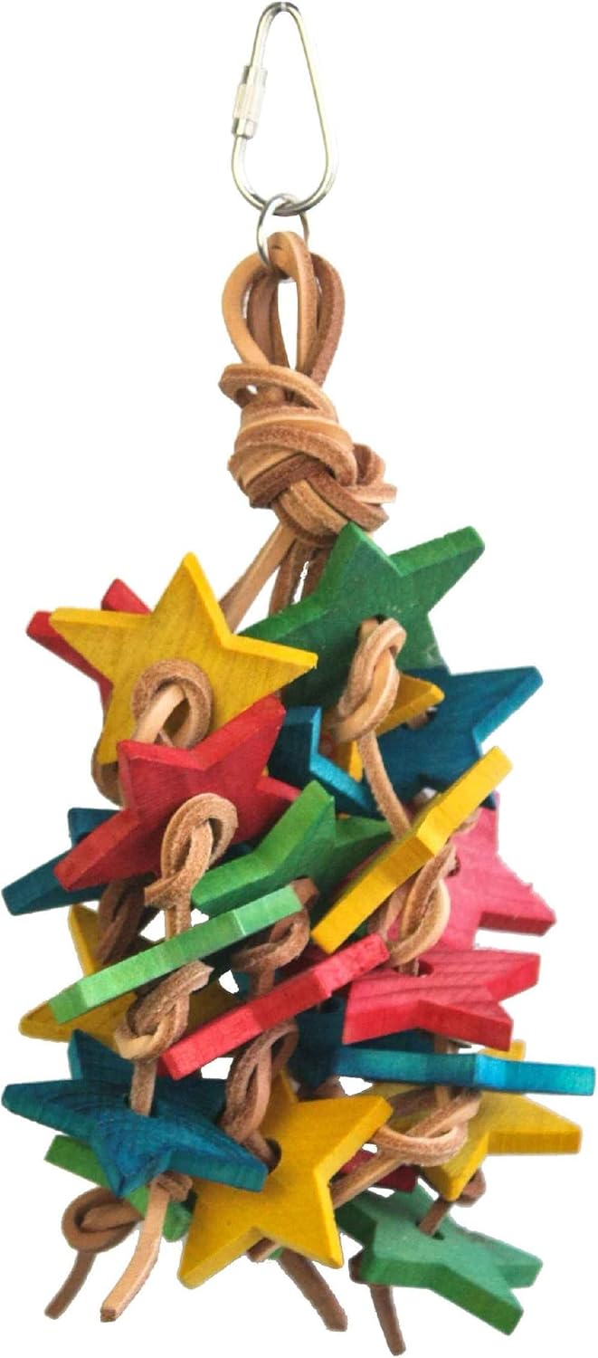 Birds LOVE Wood Stars & Leather Toy for Bird Cage Stand or Playgym, Bird Toys for Small to Medium Parrots, Sun Conures, Green Cheeked Conures, Quakers, Parakeets, Caiques, Cockatiels, African Senegals