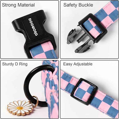 DOGWONG Plaid Dog Collar - Adjustabe Pink Blue Plaid Dog Collar - Cute Pet Checkered Dog Collars Puppy Gift for Small Medium Large Dogs