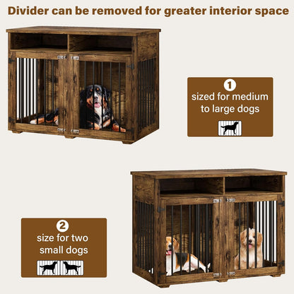 Furniture Dog Crate for 2 Dogs, 41 Inch Dog Kennel Furniture with Removable Divider and Shelf Storage, Wooden Dog Crate for Small/Medium Dogs, Rustic Brown