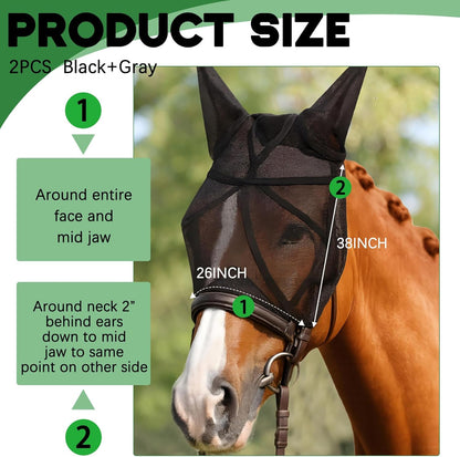 2 Pcs Horse Fly Mask with Ears Adjustable UV Protection Horse Fly Mask Accessories Large Eye Space with Ears for Horses Summer, Black and Gray, L