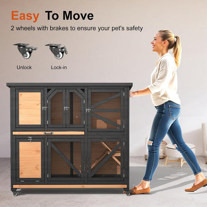 47.3" Two Story Rabbit Cage Bunny Cage Indoor, Wooden Rabbit Hutch Hamster Cages for Small Animals, Outdoor Guinea Pig Cages with Wheels & 2 Removable Trays & Bottom Wire Mesh