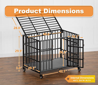 42 Inch Heavy Duty Dog Crate with Wheels,Indestructible Escape-Proof Dog Kennel with Locking Latch and Double Door,Extra Large XL XXL Crate Indoor for Large and Medium Dog with Removable Tray
