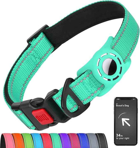 AirTag Dog Collar with AirTag Holder Compatible for Air Tag, Reflective Soft Padded, Safety Locking Buckle, Adjustable Nylon for Small Medium Large Dogs (Teal,M)
