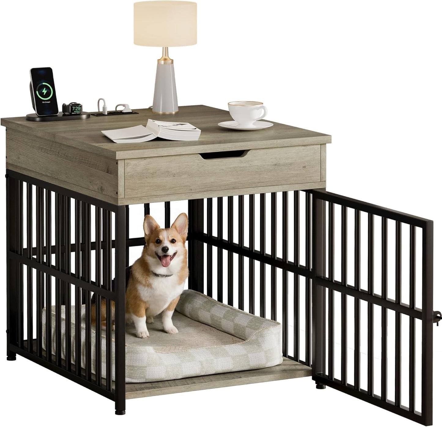 IRONCK Dog Crate Furniture for Small Dogs, Wooden Dog Kennel with Flip Top Drawer, Indoor Pet Crate End Table with Charging Station, Steel-Tube Dog Cage, Gray