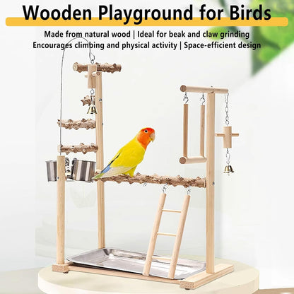 Bird Playground Parrot Playstand Bird Perch Stand Gym Natural Wood Play Stand with Swing Ladder Feeder Cups for Parakeets Cockatiels Lovebirds Conures Budgies