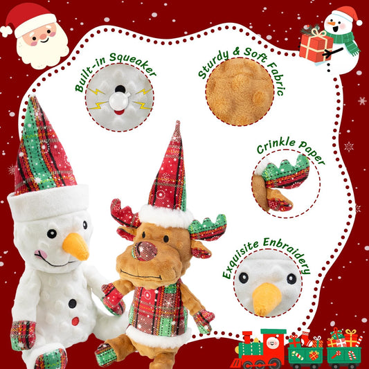 Christmas Dog Toys Squeaky 2-Pack Interactive Puppy Teething Chew Toy Deer Snowman Shape with Crinkle Sound Paper Tail Stuffed,Keep Them Busy, for Large Medium Small Breeds
