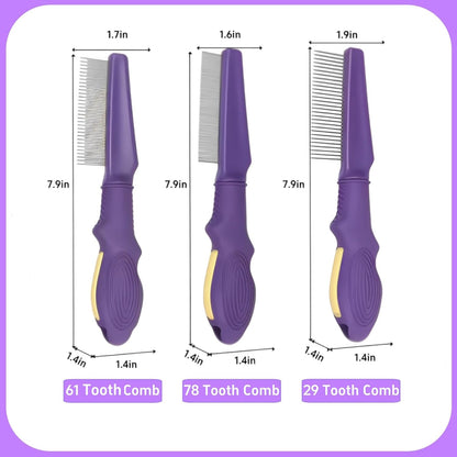 Temapex 3PCS Pet Comb for Grooming Long & Short Haired Cats & Dogs With Stainless Steel Metal Teeth for Removes Tangles & Flea, Non-Slip & Anti-Static Rubber Handle, Safe & Gentle