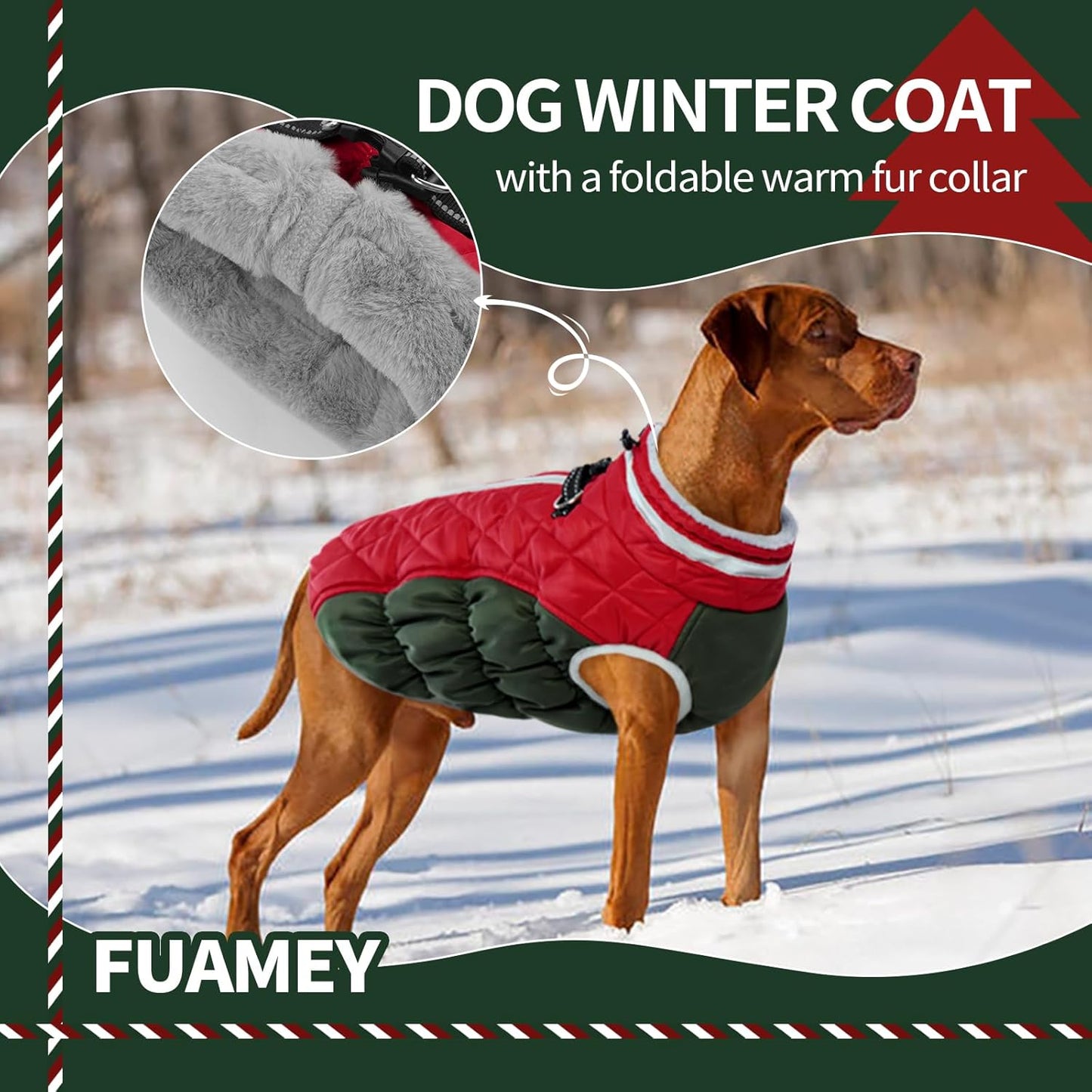 FUAMEY Dog Coat for Large Dogs,Waterproof Dog Winter Jacket with Harness Built in Puppy Cold Weather Coats Reflective Pet Vest with Zipper Warm Fleece Dogs Snowsuit Windproof Christmas XXL