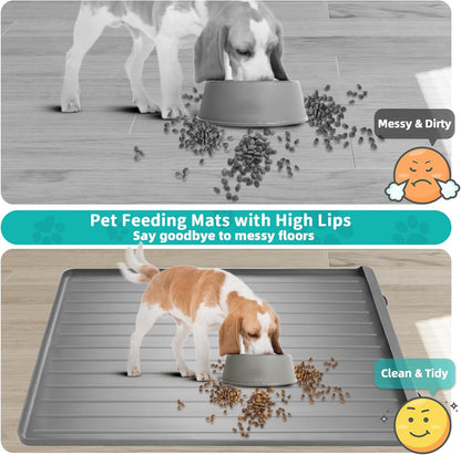 Dog Mat for Food and Water - 39.4" x 27" Large Pet Feeding Mats with Residue Collection Pocket - Waterproof Dog Cat Bowl Mat with High Edges to Prevent Water and Food Spills (Light Grey)