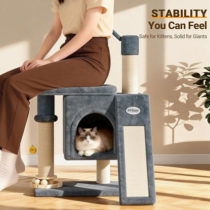 PetDance 37in All-in-1 Small Cat Tree for Indoor Cats | Space-Saving Cat Tower with Cozy Condo, Cat Window Perch, Sisal Scratching Posts, Interactive Ball Track Toy & Self-Grooming Brush,Light Gray