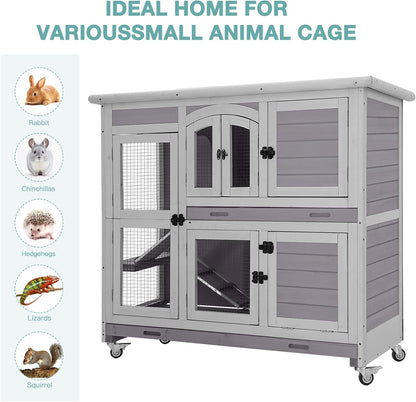2-Tier Indoor Rabbit Hutch Bunny House Guinea Pig Cage with Sliding Plastic Trays, Wheels & Ramp, 47.2" Multi-Door Wooden Small Animal Cage for Rabbits, Bunnies, and Guinea Pigs (Grey)