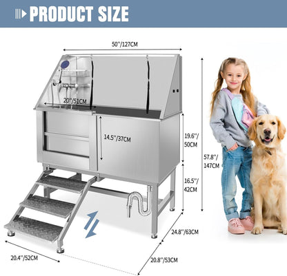 50" Pet Dog Bathing Station W/Ramp, Professional Stainless Steel Dog Grooming Tub W/Storage Drawer, Floor Grate, Faucet, Dog Bathtub For Large,Medium, Small Pets, Washing Sink For Home (50"Left ramp)