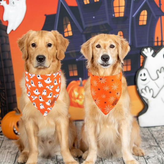 PTDECOR Halloween Dog Bandana, Reversible Holiday Pet Puppy Scarf, Multi Size, Triangle Halloween Bandanas for Extra Large Dogs Pets (Orange, X-Large)
