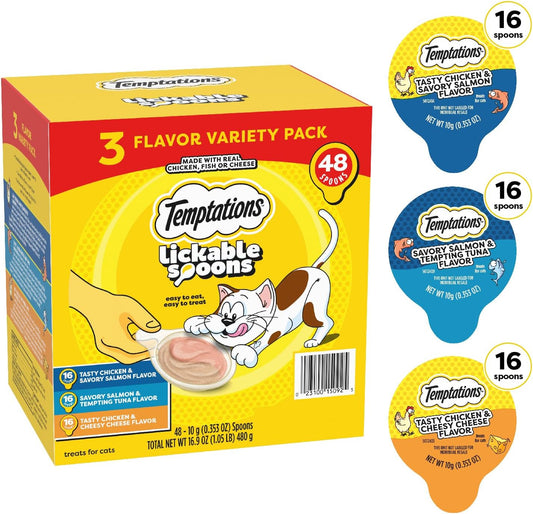 Temptations Lickable Spoons Adult Wet Cat Treats, 48 Spoons, Variety Pack
