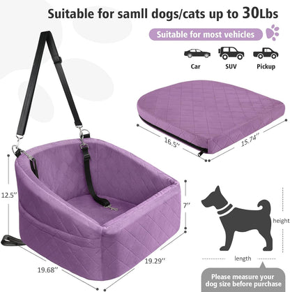 Dog Car Seat for Small Medium Dogs,Detachable Washable Dog Booster Seat Under 30lbs, Pet Car Seats Travel Bed with Storage Pockets and Safety Belt (Purple) - Pawvie