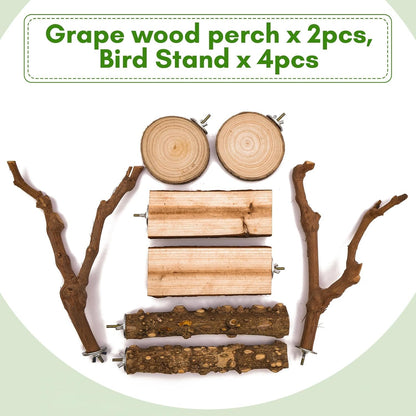 8pcs Brid Perch Bird Cage Accessories 2 Natural Grape Stick Paw Grinding Fork 6 Parrot Stand Bird Toys for Parakeets, Cockatiels, Conure, Budgies