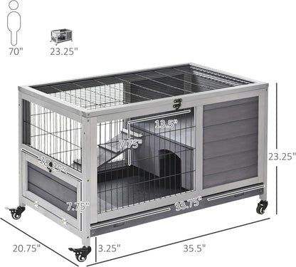 PawHut Wooden Rabbit Hutch Indoor Outdoor, Elevated Bunny Cage with No Leak Tray Enclosed Run with Wheels, Ideal for Guinea Pigs and Small Animals, Gray