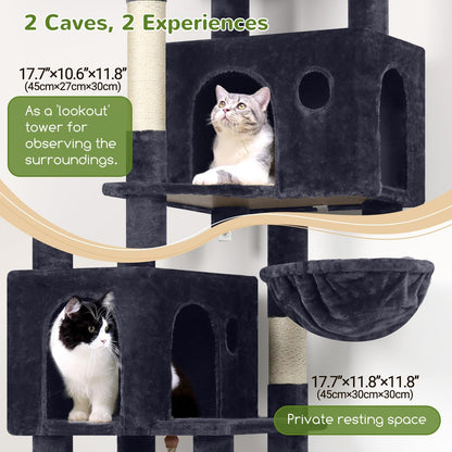 Globlazer Cat Tree, 70 inch Tall Scratching Tower Multi-Level Cat Condo for Indoor Multiple Cats with 2 Large Cat Caves, Top Perch, Large Platform, Bottom Swing, F70B, Dark Grey