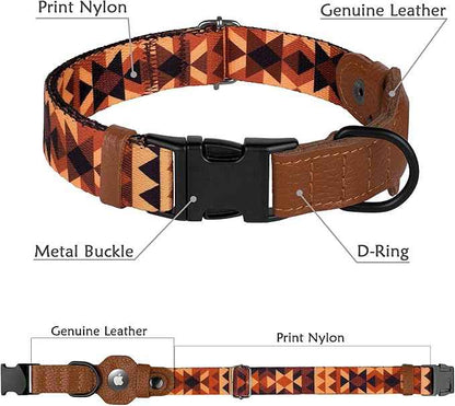 AirTag Dog Collar with Metal Buckle - Printed Nylon Soft Leather Dog Collar with Apple AirTag Holder - Secure Tracking GPS Pet Collars for Girl Boy Small Large Dogs (L, 17"-21" Neck Fit, Tribal)