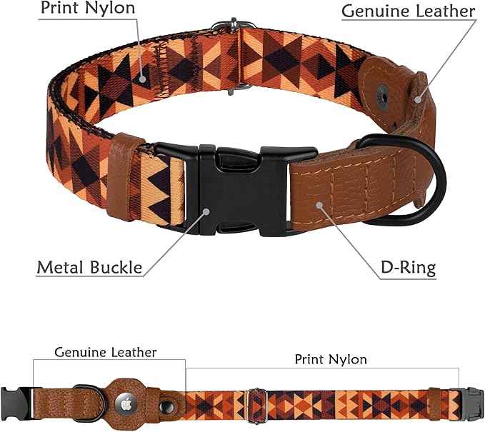 AirTag Dog Collar with Metal Buckle - Printed Nylon Soft Leather Dog Collar with Apple AirTag Holder - Secure Tracking GPS Pet Collars for Girl Boy Small Large Dogs (XS, 9"-12" Neck Fit, Tribal)