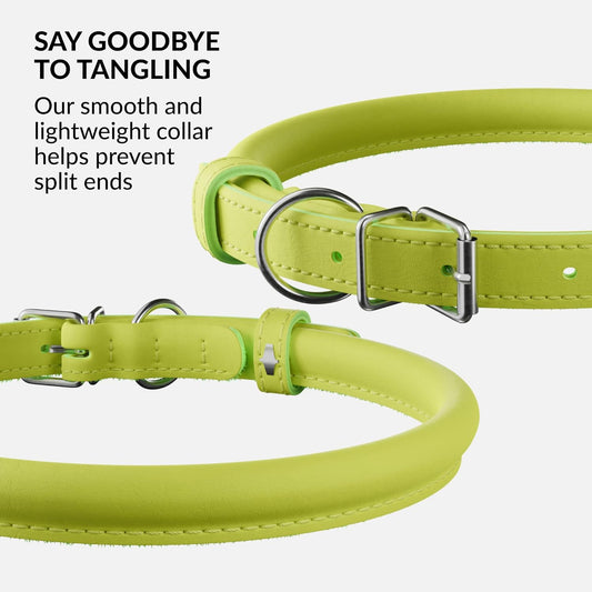 CollarDirect Rolled Leather Dog Collar, Soft Padded Round Puppy Collar, Handmade Genuine Leather Collar Dog Small Large Cat Collars 13 Colors (6-7 Inch, Lime Green Smooth)