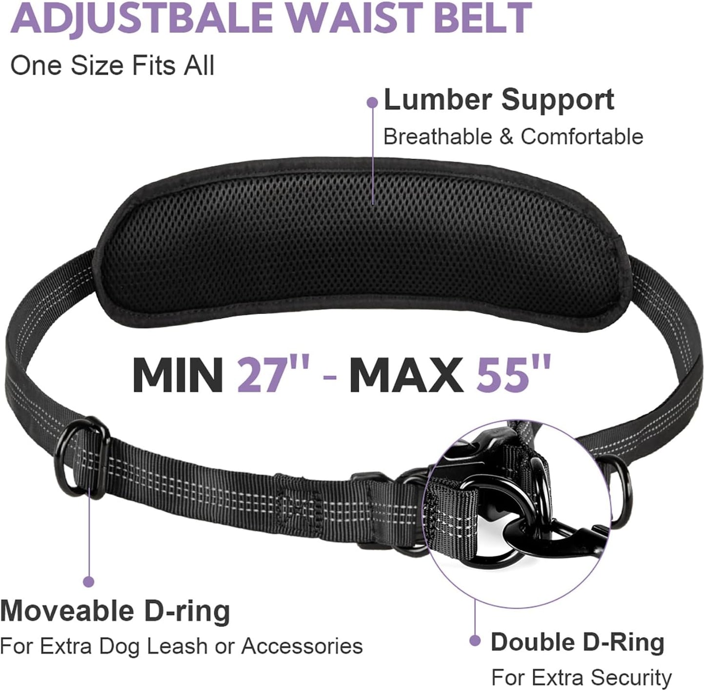 Hands Free Dog Leash, Shcok Abosoring Bungee with Double Padded Handles, Waist Leash for Dog Walking, Dog Leash with Bungee for Medium & Large Dog, Dog Walking Accessories, Black Purple