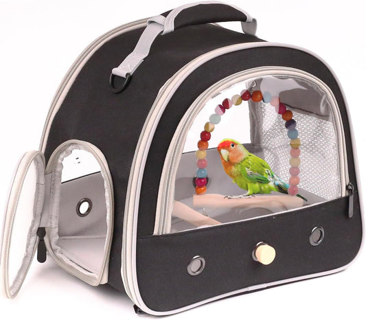 Portable Parrot Travel Cage Carrier with Small Swing Toy&Cage Colorful Toys Set Small Bird Parakeet Bag with Standing Perch Bird Carry Transport Bag (Black, Carreir/Swing)