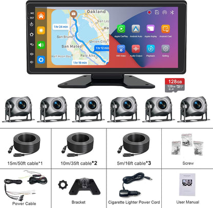 6 Channel Backup Camera System,1080P Rearview Camera with Carplay & Android Auto,GPS Navigation, Touchable 11 inch Monitor & Loop Recording DVR car Stereo, for RV/Truck/Trailer Pickup,128GB Card