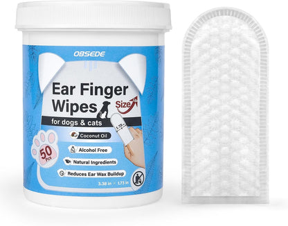 OBSEDE Extra Large 1.73" Dog Ear Wipes & Cat Ear Cleaner – Wider Finger Wipes for Quicker Easier Cleaning Soothes Itch Controls Odor Reduce Wax Regular Grooming Gentle Coconut Scent, 50 Count