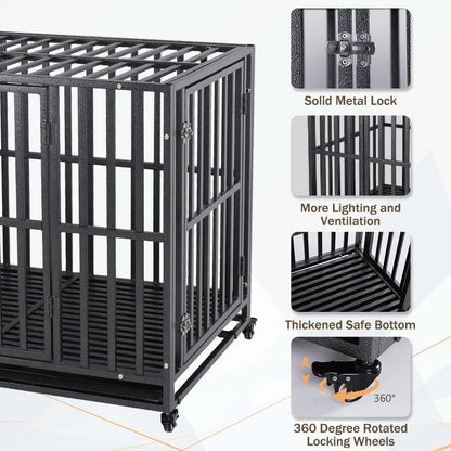 LUCKUP Heavy Duty Dog Crate-42 inch Large Metal Dog Cage with 2 Doors and 4 Wheels, Stackable Dog Kennel for Large & Medium Dogs, Removable Tray