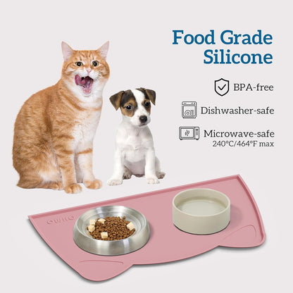 OHMO - Cat Food Mat, Silicone Pet Feeding Mat for Floor Non-Skid Waterproof Dog Water Bowl Tray, Easy to Clean Pet Placemat (Pink, 20 * 12'')