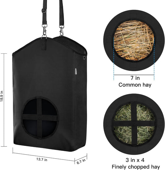 3 Packs Goat Hay Feeder,Hay Bags for Goats,Horses,Sheep,Premium 600D Oxford Cloth,with Metal Fastener and Adjustable Open Feed Hole for Slow Feeding. (3 Black)