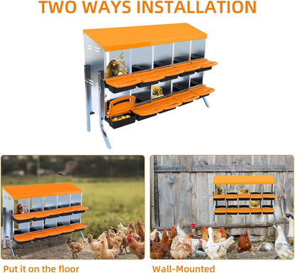 Chicken Nesting Boxes, 10 Hole Metal Chicken Laying Box with with Removable Trays and Roll Out Egg Collection for Chicken Coop, with Metal Bracket, Orange
