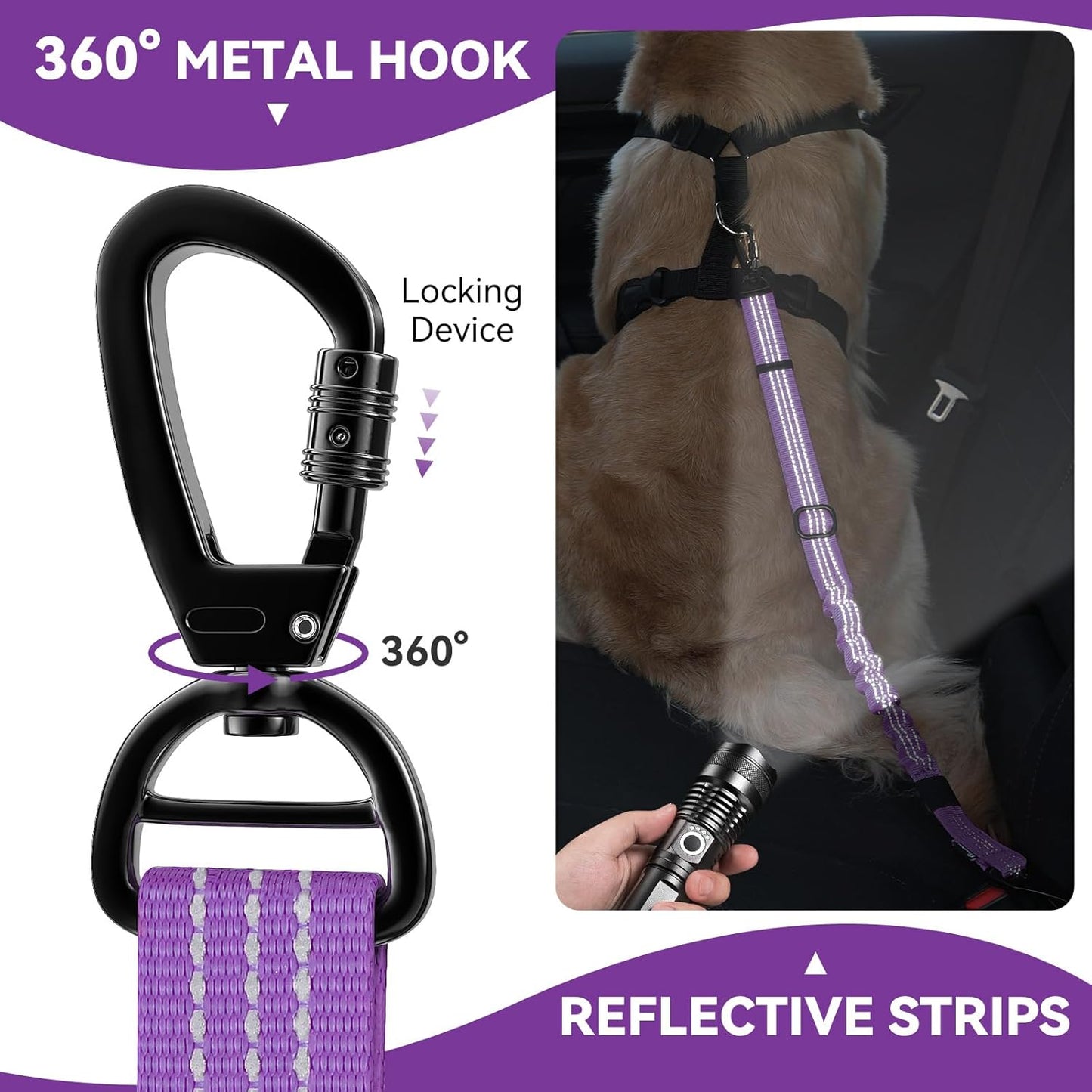 Pawaboo Dog Seatbelt for Car, 3-in-1 Dog Seat Belt Bungee, Shockproof Dogs Tether for Car with Buckle & Hook Latch, Adjustable Reflective Dogs Cars Harness Leash with 360° Lockable Buckle, Purple
