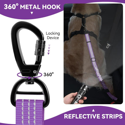 Pawaboo Dog Seatbelt for Car, 3-in-1 Dog Seat Belt Bungee, Shockproof Dogs Tether for Car with Buckle & Hook Latch, Adjustable Reflective Dogs Cars Harness Leash with 360° Lockable Buckle, Purple