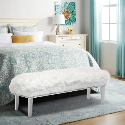 46 Inch White Bedroom Bench, Modern Multi-Purpose Bench with Wooden Legs, White Faux Fur Upholstered Bench for Bedroom, Living Room, or Entryway