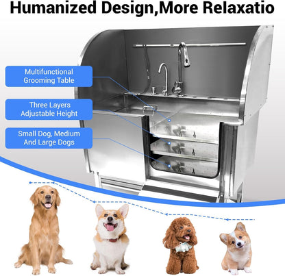 Professional Dog Grooming Tub, 50" Stainless Steel Dog Wash Station with Foldable Ramp, Storage Drawer, Floor Grate & Faucet/Dog Bathtub for Large, Medium & Small Pets - Right Door (50")