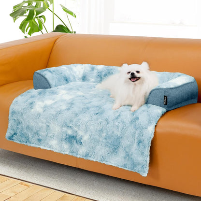 Calming Dog Couch Bed for Medium Dogs/Cats, 35 x 31 inch Waterproof Removable Dogs Mat Couch Cover for Furniture Protector, Non-Slip Fluffy Pelsbarn Dog Bed for Couch, Sofa - Tie-Dye Blue